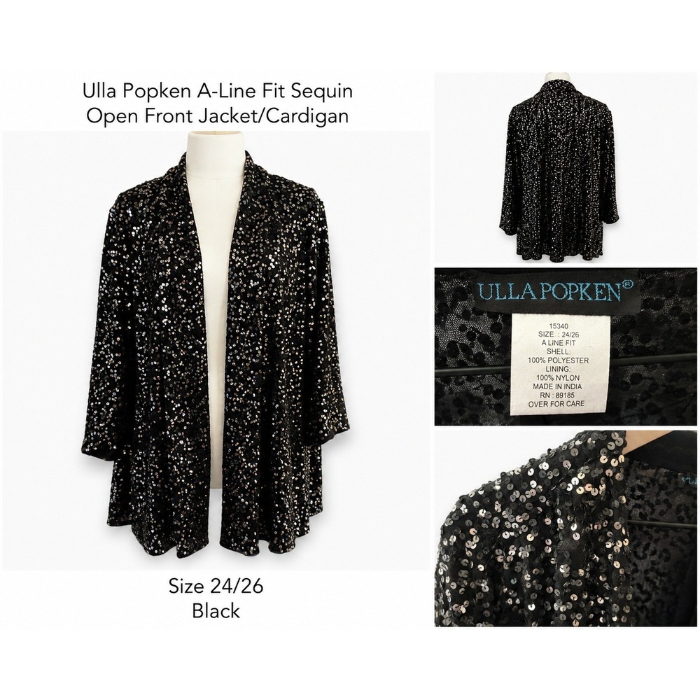 Ulla Popken Womens Plus 24/26 Black Sequin Open Front Cardigan A-Line Jacket 153